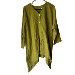 Pegasus 100% Linen Asymmetrical Tunic Top‎ Green Reg One Size Made in India